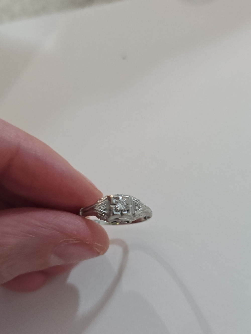 Solid 14k White Gold Natural Diamond Vintage Engagement Ring